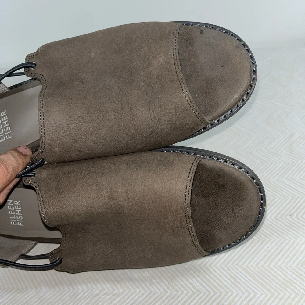 Eileen Fisher Women's Peep Toe Sandals Flat Shoes Sz 7 Brown Suede Flats Leather